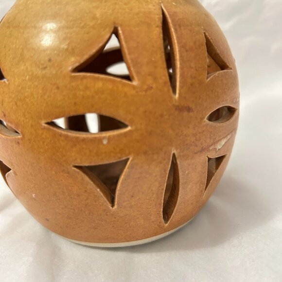 Walt Glass Art Pottery Signed Desert Brown Drip Cut Out Candle Holder Luminary - Picture 8 of 14